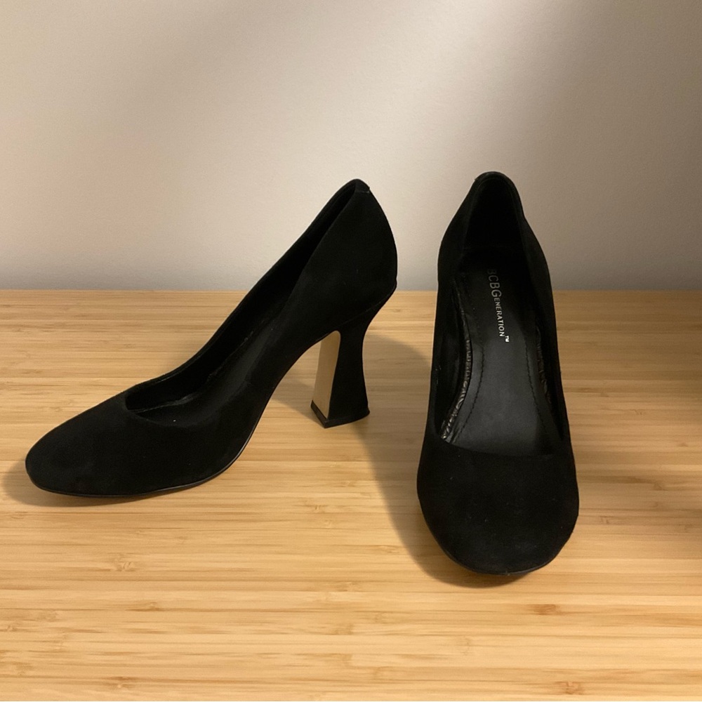 Elegant Black Heels by BCBG, suede leather